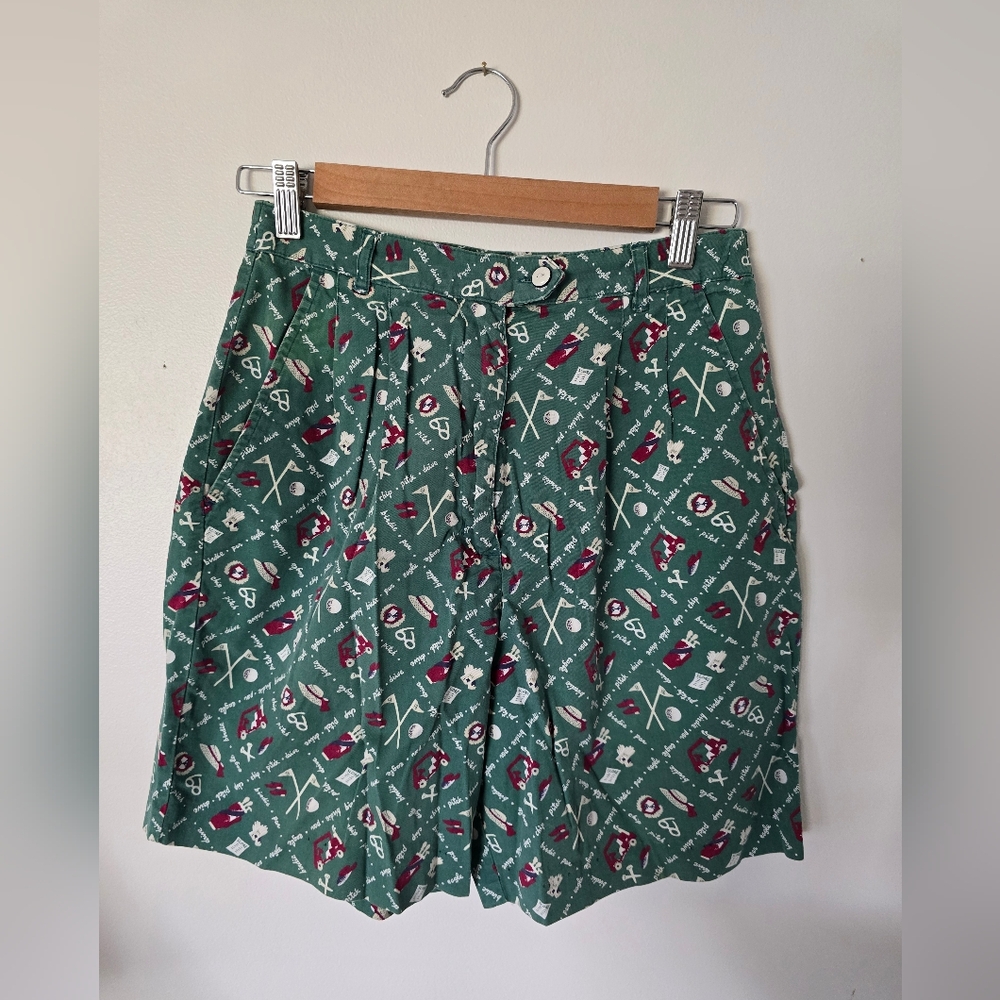 Vintage tee-wear womens golf shorts high waisted pleated green cotton XS/S